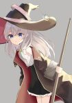  1girl blue_eyes broom coat dress elaina_(majo_no_tabitabi) hair_ornament hat highres holding holding_broom kohaku0926 large_hat long_hair majo_no_tabitabi open_mouth ribbon simple_background skirt solo white_dress white_hair witch witch_hat 