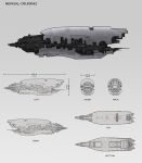  battlecruiser_(eve_online) carmics commentary_request concept_art eve_online from_side greyscale military_vehicle monochrome multiple_views original reference_sheet science_fiction simple_background spacecraft spanish_commentary thrusters vehicle_focus 