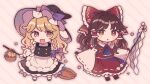  2girls apron ascot bare_shoulders black_footwear black_headwear black_skirt black_vest blonde_hair blue_ascot blush bow braid broom brown_eyes brown_hair detached_sleeves gohei hair_bow hair_tubes hakurei_reimu hat hat_bow holding holding_broom holding_gohei japanese_clothes kirisame_marisa long_hair mozukuzu_(manukedori) multiple_girls nontraditional_miko open_mouth parted_lips red_bow red_skirt ribbon-trimmed_sleeves ribbon_trim shoes sidelocks single_braid skirt smile socks touhou vest waist_apron white_apron white_bow white_sleeves white_socks wide_sleeves witch_hat yellow_eyes 