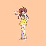  1girl brown_hair cross_(vgne4542) egg hair_ornament hairpin hand_on_own_hip highres ponytail ribbon solo 