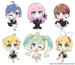  2boys 4girls :3 :d ahoge black_dress black_footwear black_hairband black_jacket black_shorts black_vest blonde_hair blue_eyes blue_hair blush bow bowtie brown_eyes brown_hair chibi commentary_request dress flower green_hair hair_flower hair_ornament hair_ribbon hairband hairclip hatsune_miku jacket kagamine_len kagamine_rin kaito_(vocaloid) long_hair long_sleeves megurine_luka meiko_(vocaloid) multiple_boys multiple_girls muuran official_art pants pink_hair red_flower red_rose ribbon rose shirt shoes shorts simple_background sleeveless sleeveless_dress smile swept_bangs thigh-highs twintails very_long_hair vest vocaloid white_background white_bow white_bowtie white_dress white_footwear white_pants white_ribbon white_shirt white_thighhighs wide_sleeves 