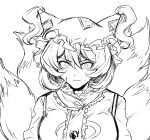  1girl absurdres casimia closed_mouth commentary_request fox_tail greyscale hat highres kitsune looking_at_viewer mob_cap monochrome multiple_tails short_hair solo sweatdrop tail touhou upper_body yakumo_ran 