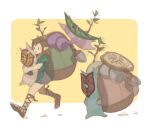  1boy backpack bag black_eyes brown_hair carrying from_side green_shirt highres ivy_(sena0119) korok long_hair pointy_ears running sandals shirt short_sleeves smile the_legend_of_zelda the_legend_of_zelda:_tears_of_the_kingdom 