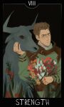  1boy absurdres animal artemy_burakh black_background brown_hair bull english_text flower herb_bundle highres holding holding_animal looking_at_viewer male_focus pathologic pathologic_2 plant roman_numeral short_hair simple_background solo tarot tarot_(medium) upper_body wonder_bull yuramoonbow 