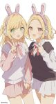  1girl 2girls alternate_costume alternate_hair_length alternate_hairstyle animal_ear_headphones animal_ears black_sweater blonde_hair blush collared_shirt commentary cowboy_shot dot_nose fake_animal_ears green_eyes h_(eitilog) hand_up headphones headset heterochromia highres holding_hands hoshikawa_sara ikoi_momoa long_hair long_sleeves looking_at_viewer mechanical_ears microphone miniskirt multiple_girls neck_ribbon open_mouth orange_eyes pink_ribbon pink_shirt pink_skirt pleated_skirt propro_production rabbit_ears red_eyes red_ribbon ribbon school_uniform shirt short_hair sidelocks simple_background skirt smile solo standing sweater sweater_vest symbol-only_commentary twitter_username v virtual_youtuber white_background white_skirt white_sweater 