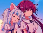  2girls animal_ears blue_hair blush breasts cat_ears closed_eyes collarbone collared_shirt cube_hair_ornament drooling film_grain frilled_shirt frills gawr_gura gawr_gura_(casual) grey_hair hair_intakes hair_ornament hairclip head_on_another&#039;s_shoulder heterochromia hololive hololive_english houshou_marine long_hair mouth_drool multicolored_hair multiple_girls neck_ribbon official_alternate_costume open_mouth red_eyes redhead ribbon shinkiro_(hololive) shirt short_sleeves side_ponytail sidelocks strap_slip streaked_hair suspenders twintails unya_(unyaunia) virtual_youtuber white_shirt yellow_eyes 