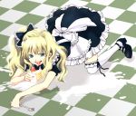  blonde_hair blue_eyes cake curly_hair eating food fork hands maid original solo thigh-highs thighhighs tongue watomura 