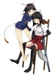  anabuki_tomoko animal_ears barefoot black_hair chair feet highres legs long_hair multiple_girls pink_eyes rosettastone sakomizu_haruka short_hair smile strike_witches tail thighhighs wink 