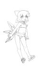  bow choker cirno hair_bow kuontendou lineart monochrome navel open_mouth ribbon_choker sandals short_hair smile solo swimsuit touhou wings 