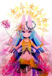  bad_id blue_eyes blue_hair cat_ears cross crown_of_thorns flower hair_ornament highres hime_cut jewelry midriff moonyan necklace original solo spider_lily 