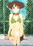  1girl barefoot bikini brown_eyes brown_hair chainlink_fence crossed_legs feet feet_in_water fence jpeg_artifacts k-on! looking_at_viewer nishiuri_warito pool poolside pov_feet short_hair short_twintails shorts sitting smile soaking_feet soles solo suzuki_jun swimsuit toes twintails water 