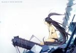  bikini_top black_hair black_rock_shooter black_rock_shooter_(character) blue_eyes boots chain flat_chest highres kawai_(nrksrk) long_hair midriff scar shorts sitting solo sword tears twintails uneven_twintails very_long_hair weapon 