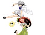  2girls :d \m/ blue_eyes bow hair_bow hat hong_meiling izayoi_sakuya knife leap_frog multiple_girls neck_ribbon no_eyes open_mouth qbthgry red_hair ribbon skull_and_crossbones smile touhou white_hair 