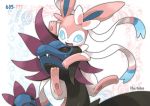  blue_eyes bow ditb dragon hydreigon no_humans pokemon pokemon_(creature) pokemon_(game) pokemon_xy red_eyes ribbon signature sweat sylveon 