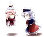  2girls =_= animal_ears annoyed bangs bloomers brown_hair bunny_ears carrot chibi closed_eyes dress hanging hat highres inaba_tewi mouth_hold multiple_girls nurse_cap pink_dress rabbit_ears rope sash silver_hair simple_background touhou trap upside-down white_background yagokoro_eirin yume_shokunin |_| 