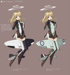  bad_id blonde_hair blue_eyes english halo long_hair mecha_musume military original sano_toshihide side_slit simple_background supermarine_spitfire world_war_ii wwii 