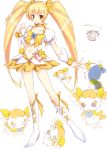  blonde_hair boots brown_eyes cure_sunshine dress futari_wa_precure hair_ribbon heart heartcatch_precure! highres magical_girl midriff myoudouin_itsuki nanaroba_hana navel potpourri_(heartcatch_precure!) potpurri precure ribbon skirt twintails white_background yellow yellow_dress 