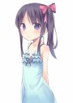  1girl bare_shoulders black_hair blue_eyes bow dress hair_bow kyuri open_mouth payot personification pixsys ribbon side_ponytail simple_background solo white_background 