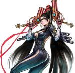  1girl ass bayonetta bayonetta_(character) black_hair blue_eyes bodysuit breasts cleavage dual_wielding elbow_gloves eyeshadow feet_out_of_frame female glasses gloves gun hair_ribbon handgun lips lipstick long_hair medium_breasts mole mole_under_mouth parted_lips ribbon simple_background solo very_long_hair weapon white_background yamashita_shun&#039;ya yamashita_shunya zipper 