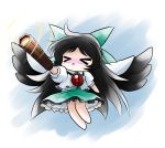  :&lt; arm_cannon blush cape chibi highres open_mouth radiation_symbol reiuji_utsuho touhou weapon wings yume_shokunin 