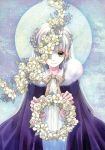  braid cloak flower highres long_hair moon ribbon shiina_yuu smile solo white_hair wreath yellow_eyes 