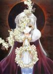  absurdres cloak eclipse flower highres long_hair moon ribbon shiina_yuu smile solo white_hair wreath yellow_eyes 
