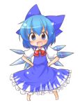  blue_eyes blue_hair blush bowtie chibi cirno dress fang hair_ribbon hands_on_hips ice looking_at_viewer ribbon short_hair smile standing tobi_(artist) tobi_(nekomata_homara) touhou wings 