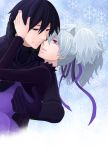  1boy 1girl black_hair blue_eyes coat couple darker_than_black dress eye_contact gloves hair_ribbon hand_on_another's_face hand_on_face hand_on_head hei holding incipient_kiss ponytail purple_eyes ribbon silver_hair snowflakes violet_eyes yin 