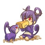  1girl blush cheese eating hair_rings hitec hoodie kneeling moemon open_mouth personification pokemon pokemon_(creature) pokemon_(game) pokemon_rgby purple_hair rattata red_eyes shorts sweater tail 