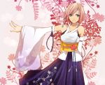  bare_shoulders cosplay detached_sleeves estellise_sidos_heurassein final_fantasy final_fantasy_x flower green_eyes hair_ornament japanese_clothes kuro_(pixiv) obi pink_background pink_hair short_hair smile solo tales_of_(series) tales_of_vesperia yuna yuna_(cosplay) 