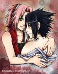  1girl black_hair cherubchan couple green_eyes haruno_sakura naruto pink_hair tattoo uchiha_sasuke 
