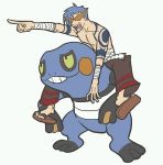  1boy blue_hair croagunk crossover kamina piggyback pokemon pokemon_(creature) sandals shirtless sunglasses tengen_toppa_gurren_lagann 