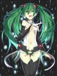  bad_id bridal_gauntlets glowing green_eyes green_hair hand_on_chest hand_on_own_chest hatsune_miku hatsune_miku_(append) highres long_hair miku_append navel necktie ojaga open_mouth sideboob solo thigh-highs thighhighs twintails very_long_hair vocaloid vocaloid_append 
