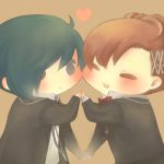  bad_id black_hair blush brown_hair chibi female_protagonist_(persona_3) heart holding_hands lowres neco810 persona persona_3 persona_3_portable simple_background 