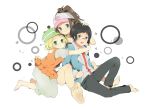  bad_id barefoot baseball_cap bel_(pokemon) bell_(pokemon) black_hair blonde_hair blue_eyes brown_hair cheren_(pokemon) denim denim_shorts feet foreshortening glasses green_eyes hat jacket no_legwear pokemon pokemon_(game) pokemon_black_and_white pokemon_bw ponytail shorts soles toes touko_(pokemon) 