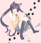  :o animal_ears bell cat_ears cat_pose cat_tail jingle_bell k-on! kneehighs long_hair nakano_azusa paw_pose paw_print plus9 school_uniform shoes shoes_removed skirt solo sweater_vest tail twintails uwabaki very_long_hair 