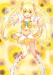 bad_id blonde_hair boots cure_sunshine dress floral_background futari_wa_precure hair_ribbon heart heartcatch_precure! legs long_hair magical_girl midriff myoudouin_itsuki navel outstretched_hand precure ribbon skirt solo tamaichi twintails yellow yellow_background yellow_dress yellow_eyes 