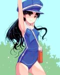  arms_up bag black_hair brown_eyes competition_swimsuit girl_with_golden_shoe hat kin_no_kutsu_gin_no_kutsu long_hair masao one-piece_swimsuit original school_swimsuit smile solo swimsuit yellow_eyes 