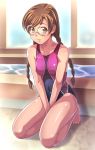  between_thighs blush braid brown_eyes brown_hair clala competition_swimsuit e20 erect_nipples glasses kneeling long_hair one-piece_swimsuit quiz_magic_academy solo swimsuit twin_braids twintails v_arms water 