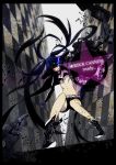  arm_cannon bikini_top black_hair black_rock_shooter black_rock_shooter_(character) blue_eyes boots flat_chest highres long_hair midriff navel pale_skin scar semisuke shorts solo twintails very_long_hair weapon 