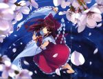  absurdres barefoot blurry bow brown_hair cherry_blossoms crease depth_of_field detached_sleeves flower gohei hakurei_reimu highres japanese_clothes long_hair looking_up miko misaki_kurehito red_eyes ribbon ripples scan solo touhou walking_on_water water 