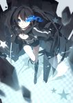  arm_cannon bikini_top black_hair black_rock_shooter black_rock_shooter_(character) blue_eyes boots coat from_above glowing glowing_eye glowing_eyes highres hijiri_(resetter) huge_weapon long_hair looking_at_viewer midriff pale_skin shadow shorts smile solo star twintails very_long_hair weapon 