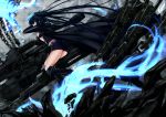  arm_cannon ass belt bikini_top black_hair black_rock_shooter black_rock_shooter_(character) blue_eyes boots chain coat flat_chest from_behind glowing glowing_eyes highres long_hair looking_back navel sato_toshiya scar shorts solo twintails very_long_hair weapon 