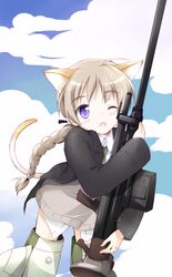  animal_ears blush braid brown_hair cat_ears cat_tail cha_(mika) cloud clouds gun highres hug long_hair lynette_bishop machaaji open_mouth purple_eyes rifle single_braid sky sniper_rifle strike_witches striker_unit striker_units sweater tail violet_eyes weapon wink 