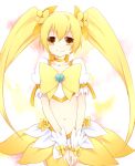  bad_id blonde_hair cure_sunshine dress futari_wa_precure hair_ribbon heart heartcatch_precure! long_hair magical_girl midriff myoudouin_itsuki navel precure ribbon richard skirt smile solo twintails v_arms yellow yellow_dress yellow_eyes 