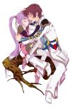  1girl asbel_lhant brown_hair closed_eyes coat couple elbow_gloves gloves happy highres hug leg_warmers log n_(no_bu) petting purple_eyes purple_hair sitting smile sophie_(tales_of_graces) tales_of_(series) tales_of_graces twintails violet_eyes white_background 