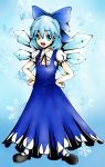  3daru aqua_eyes blue_hair bow cirno fairy hair_bow hands_on_hips highres open_mouth short_hair snowflakes solo touhou wings 