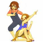  brown_eyes brown_hair casual hairband hirasawa_yui k-on! overalls pointing pose short_hair tainaka_ritsu tooi wink 