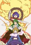 brown_eyes explosion frog green_hair hair_ornament hat highres karu_(ishiken) kochiya_sanae long_skirt moriya_suwako navel purple_hair rope skirt snake touhou yasaka_kanako yellow_eyes