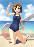  barefoot beach blush brown_eyes brown_hair guitar hirasawa_yui inflatable_toy instrument k-on! one-piece_swimsuit open_mouth plectrum school_swimsuit short_hair swimsuit 